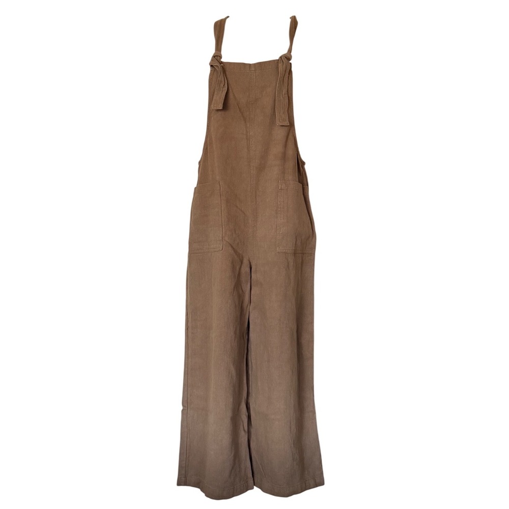 Miou Muse Brown Wide Leg Overalls Tie Shoulder Boho Relaxed Fit Linen Blend Sz S - Picture 4 of 8